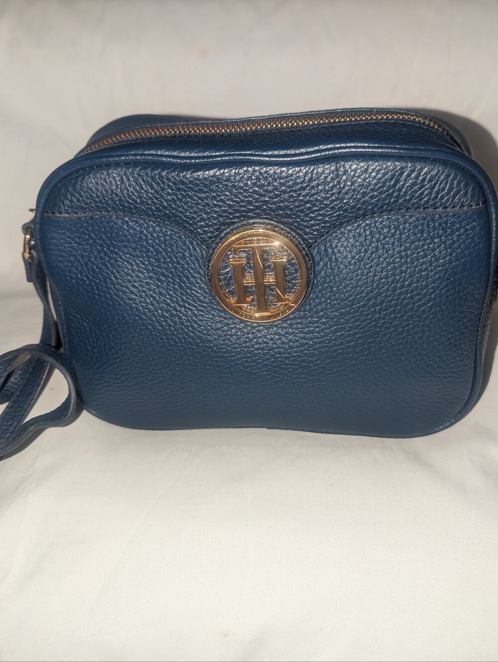 Tommy Hilfiger Navy Pebbled Leather Camera Crossbody with Gold Emblem